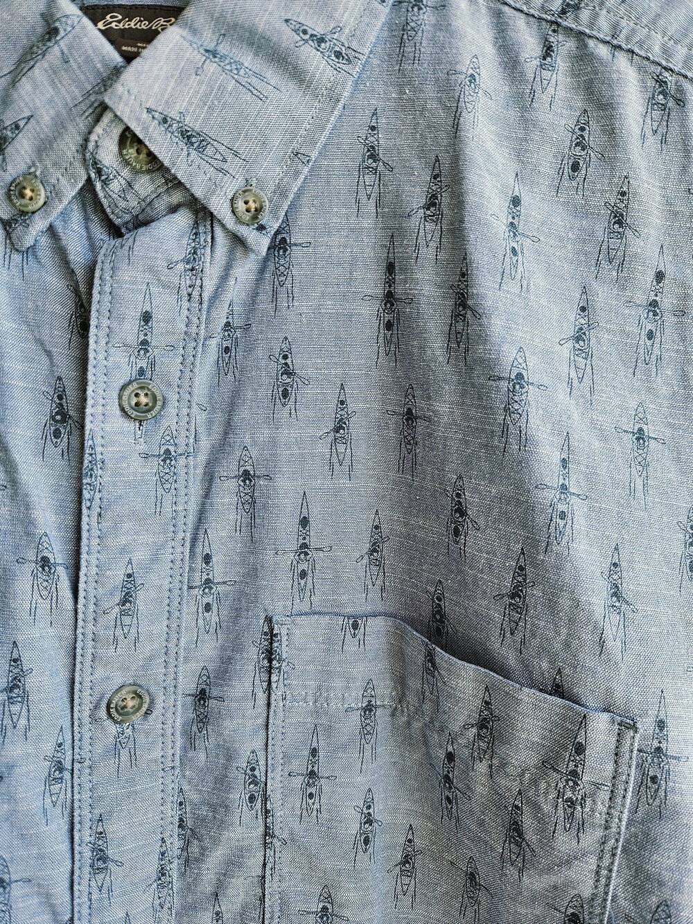 Eddie Bauer Kayak Print Blue Gray Button Down Shirt Men's